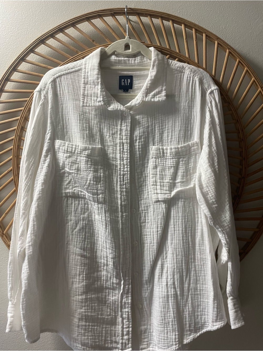 GAP White Lightweight Cotton Button-Front  long sleeve waffle shirt size L